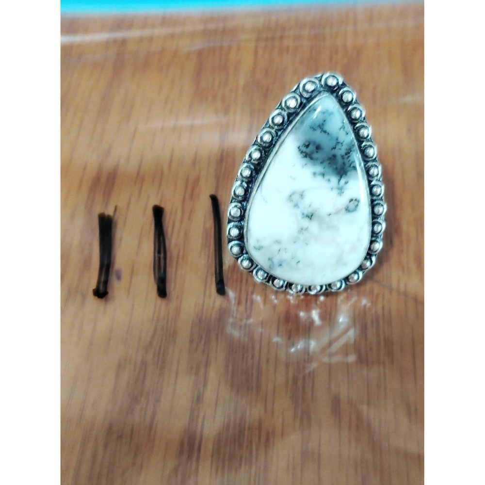 Dendritic Opal Agate Ring Size 8.5 Pear Teardrop Beaded 925 Womens